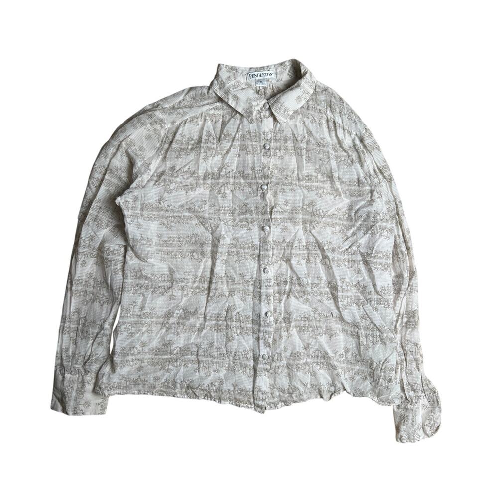 Vintage Pendleton White/Brown Button-Up Long Slee… - image 1